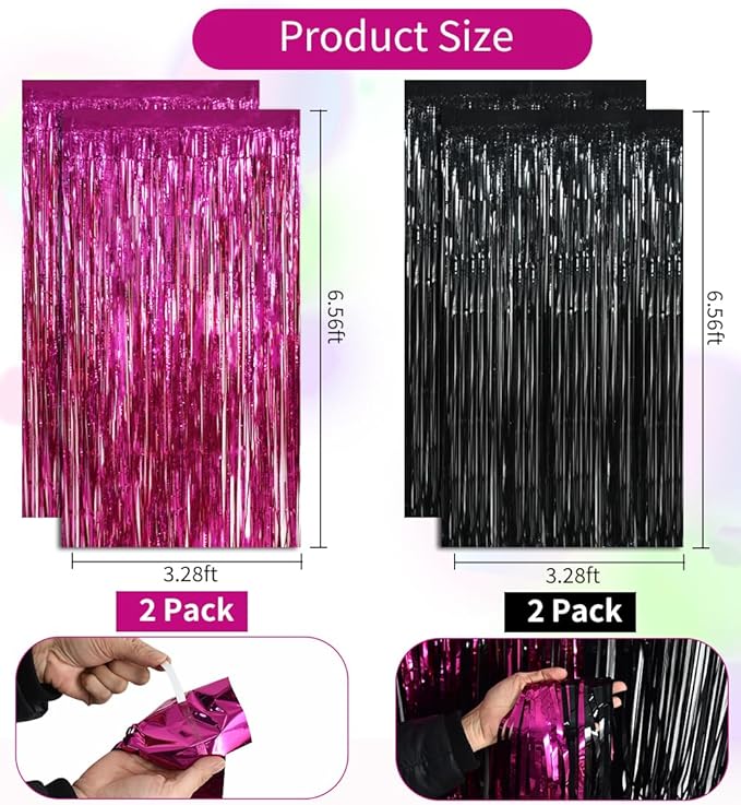 BEISHIDA 4 Pcs Hot Pink Black Door Streamers Curtain Party Streamers Backdrop Pink Party Hot Pink Wall Background for Party Decoration Photo Booth Props(3.28 ft x 6.56 ft)