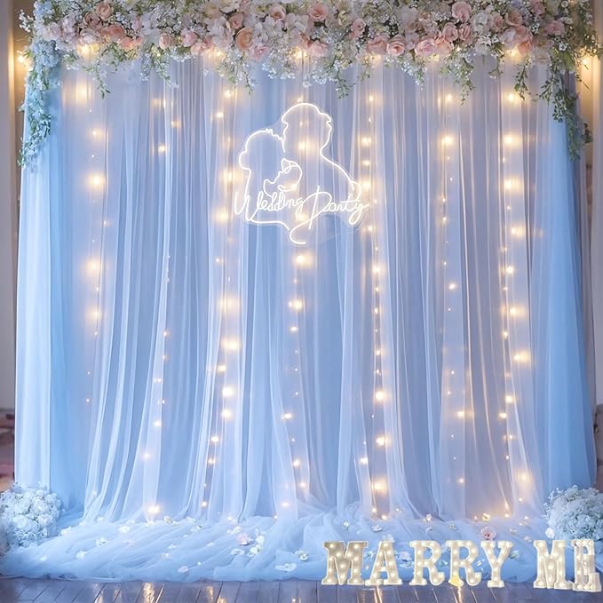 Blue Tulle Backdrop Curtains with Lights String for Parites Baby Shower 20×8ft Blue Sheer Backdrop Curtains Drapes for Bridal Shower Birthday Party Photo Shoot Background Decorations(4 Panels 5×8ft)
