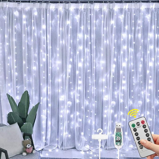 Vicloon Fairy Curtain Lights,300 LED White Curtain Lights,8 Modes 9.8×9.8Ft Waterproof Window Curtain String Light USB Powered with Remote Control,Christmas String Lights Curtain for Indoor/Outdoor