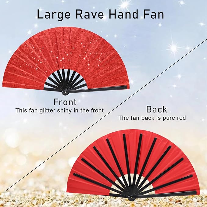 Glitter bling Large Folding Fan-Hand Fan Rave Clack Popping Fan for Line Dancing Clacking Fans for Boots On The Ground Dance, Party for EDM, Music Festival, Hot Flashes, Party, Decoration(1pcs red)