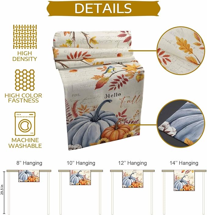 Thanksgiving Fall Cotton Linen Table Runner for Dining Kitchen, Blue Pumpkins Rustic Wedding Outdoor Party Autumn Tablerunners Decoration, Leaves Dresser Scarf Coffee Tablecloth Runners 13x120 Inches