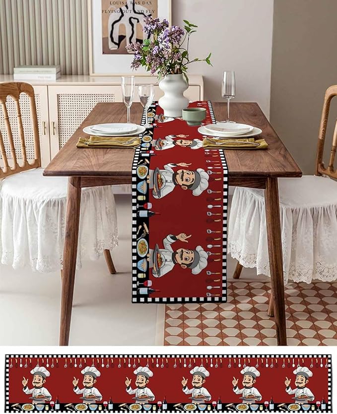 Red Chef Gourmet Cotton Linen Table Runner for Dining Kitchen, Wedding Outdoor Party Tablerunners Decoration, Black White Check Plaid Funny Kitchen Dresser Scarf Coffee Tablecloth Runners 13x36 Inches