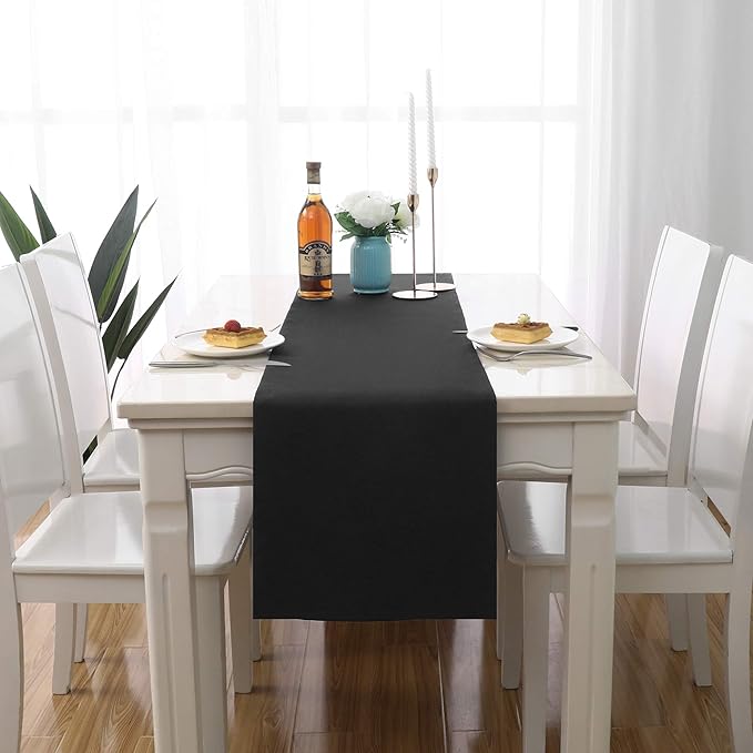 DUALIFE Jet Black Table Runner 14x72 inch Solid Color Thick Polyester Decorative Cloth Handcrafted for Wedding Party Birthday Graduations Banquet,Restaurant & Outdoors 1 Piece