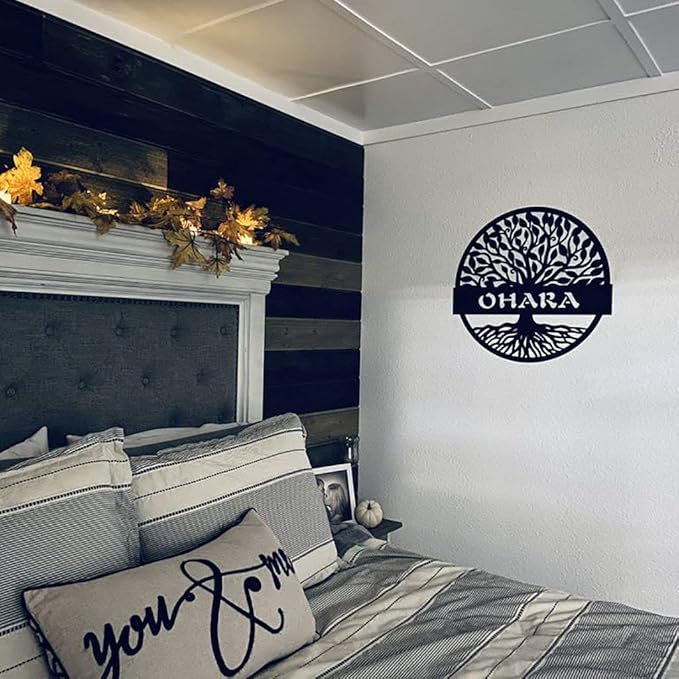 RealSteel Personalized Metal Wall Art - Custom Tree of Life Design with Family Name - Circular Metal Sign - Personalized Wedding, Anniversary, or Housewarming Gift - Black, 36"