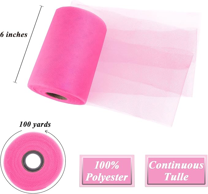 Fluorescent Pink Tulle Fabric Roll 6”by 100 Yards (300 ft) Soft Tulle Spool for DIY Crafting Favor Supplies, Tutus, Wedding, Party Decorations, Gift Wrapping