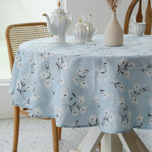 Pastoral Round Tablecloth - 60 Inch Dia. - Linen Fabric Table Cloth - Washable Table Cover with Dust-Proof Wrinkle Resistant for Restaurant, Picnic, Indoor and Outdoor Dining, Floral (Light Blue)