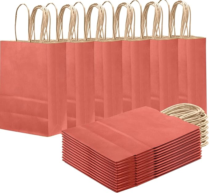 qiqee Rose Red Gift Bag with Handles Bulk 24Pcs Paper Bags -8.3"x6"x3. 15" Party Favor Bags - Solid Color