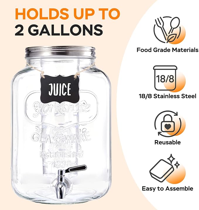 2 Gallon Glass Drink Dispenser for Parties, Beverage Dispenser with Stand, Lemonade Dispenser with 18/8 Stainless Steel Spigot, Leakproof for Sun Tea, Juice, Picnic, BBQ & Bars