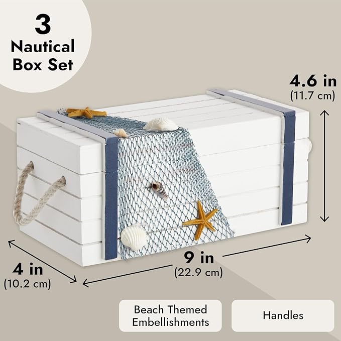Juvale Nautical Wooden Jewelry Box Set - Jewelry Storage & Nautical Decor Boxes with Lids - Coastal Decor Table Centerpiece