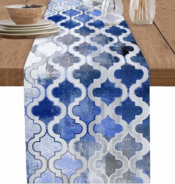 Blue Morocco Plaid Cotton Linen Table Runner for Dining Kitchen, Wedding Outdoor Party Tablerunners Decoration, Distressed Abstract Painted Vintage Dresser Scarf Coffee Tablecloth Runners 13''x108''