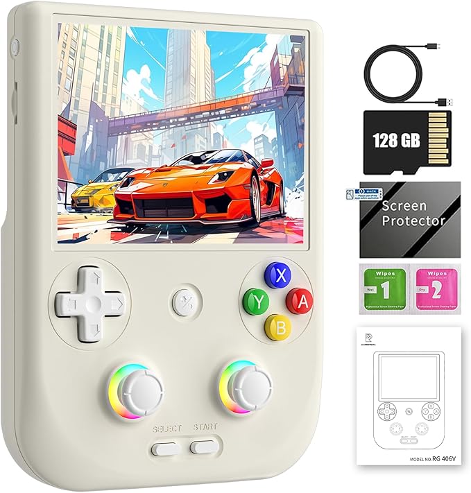 RG406V Handheld Game Console Preloaded Games RG 406V 4-inch IPS Multi-touch Screen Retro Game Console 128G UFS2.2 Android 13 Retro Emulator RG406V 5500mAh Battery 1080p DP WIFI Bluetooth Beige White