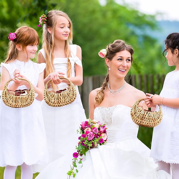 Taiyin 18 Pack Rattan Flower Girl Basket Small Half Moon Straw Wicker Basket with Handle Ideal for Wedding Flower Girl,Picnic,Garden Storage and Home Decor (Nature)