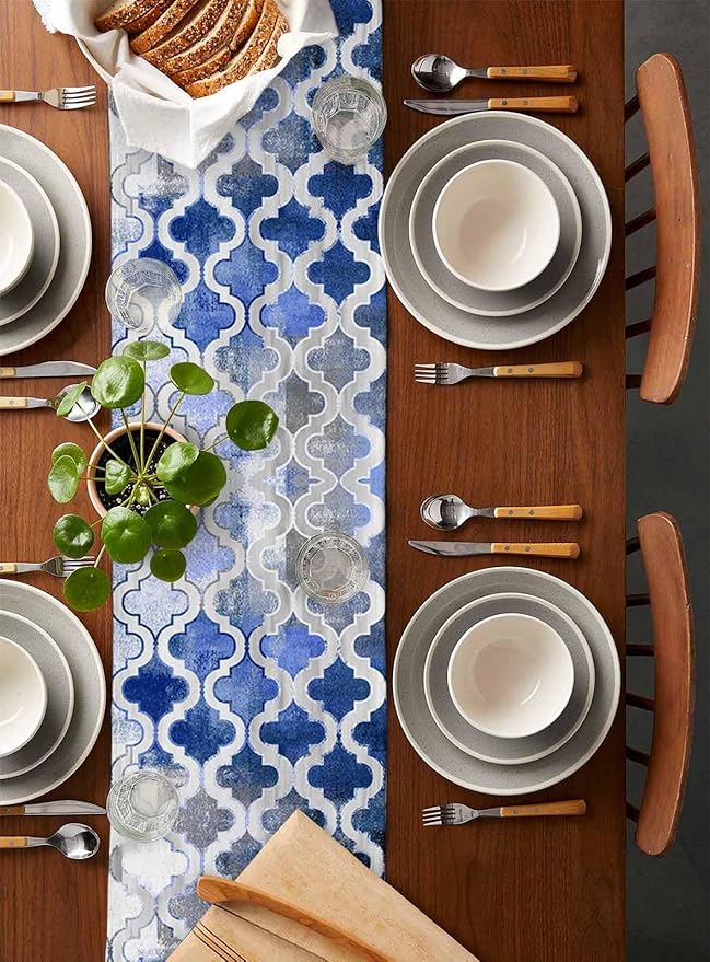Blue Morocco Plaid Cotton Linen Table Runner for Dining Kitchen, Wedding Outdoor Party Tablerunners Decoration, Distressed Abstract Painted Vintage Dresser Scarf Coffee Tablecloth Runners 13x60 Inches