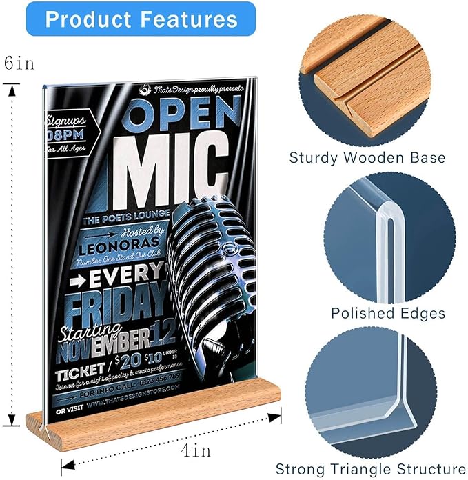 Kersally Acrylic Sign Holder 4 x 6,6 Pack Double-Sided Clear Vertical Table Display Stands with Wood Base, Acrylic Frame Menu Flyer Paper Holder for Stores, Restaurants, Hotels, Office, Show Fair