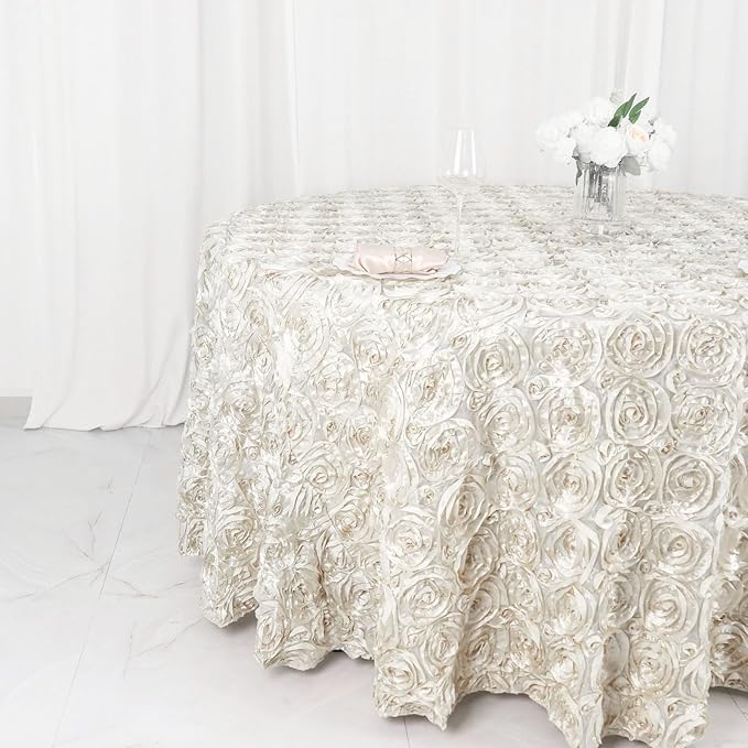 Efavormart 120" Wholesale Round Table Cover Ivory Grandiose Rosette 3D Satin Tablecloth for Wedding Party Event Decoration