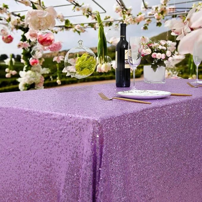 QueenDream Tablecloth 90x156 Rectangle Sequin Tablecloth Lavender Wedding Table Linens Glitter Birthday Bridal Party Indoor Outdoor Decorations