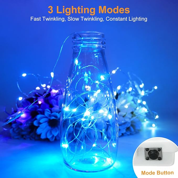 btfarm 18 Pack Fairy Lights Battery Operated [3 Modes], 7ft 20 Led Twinkle Lights String Lights Waterproof Bulk Small Mini Silver Wire for Mason Jars Vases Wedding Table Centerpiece, Blue