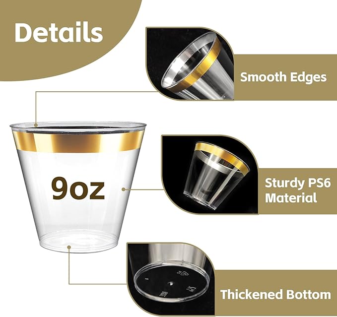 100Counts 9 OZ. Disposable Cups Old fashioned Party Tumblers, 9 Ounce Squat Cups Gold Rimmed Hard Plastic Party Wedding Cups with Gold Rim