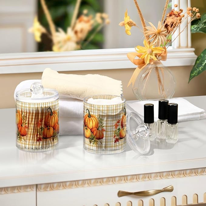 Gredecor 2 Pack Apothecary Jars with Lid Pumpkins Gingham Plaid Qtip Holder Dispenser Storage Containers Clear Plastic Rustic Fall Autumn Thanksgiving Theme Canisters for Bathroom Vanity Organization