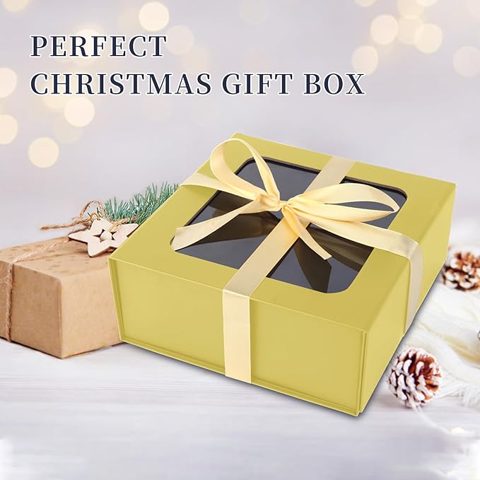 TIACABO Gold Gift Box with Window,7.5"x7.5"x3.1" Bridesmaid Boxe for Gifts Giving,Birthday Gift Boxes with Magnetic,Closure Lid Gifts Boxes for Presents,Cute Box,Luxury for Gift Packaging