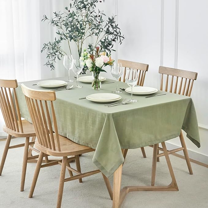maxmill Lux Faux Linen Table Cloth with Slubby Texture Wrinkle Resistant Anti-Shrink Soft Tablecloth for Kitchen Dining Tabletop for Buffet Banquet Parties Rectangle 60 x 140 Inch Sage Green