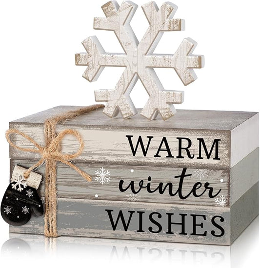 4 Pcs Winter Christmas Decor Winter Table Decorations Christmas Tiered Tray Decor Centerpiece Decorations Indoor Rustic Wooden Snowflake Block Sign Gift Farmhouse for Home Kitchen Shelf