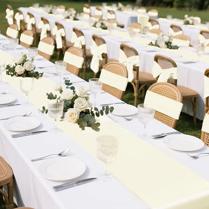 SHEJIZE 20 Pack White Satin Table Runner 12x108 Inches Long, Bright Silky Smooth Satin Table Runner Table Decor for Wedding Banquet Christmas Prom Event Birthday Party
