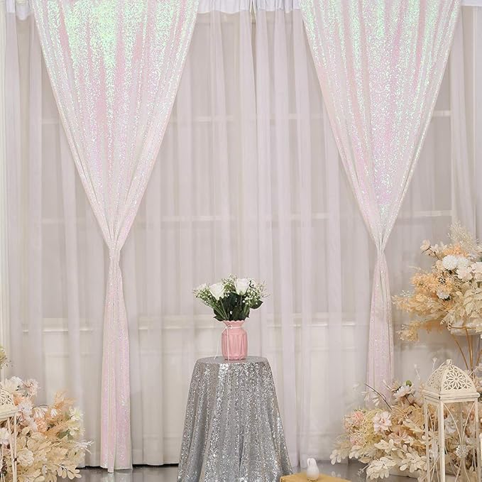 SquarePie Sequin Backdrop 2FTx8FT Iridescent 2pcs Curtain Background for Wedding Party Christmas Decoration