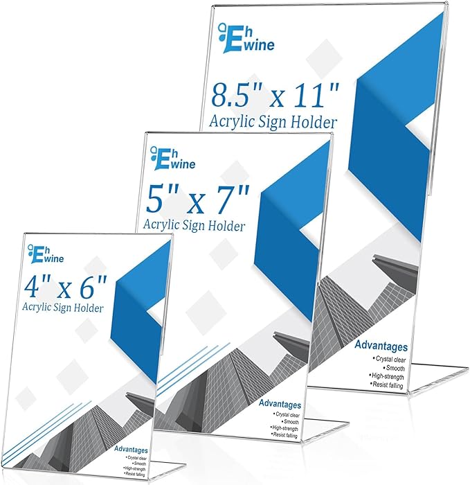 EHWINE 6 Pack 5 x 7 Acrylic Sign Holder, Clear Plastic Signs Display Stand, Vertical Slanted Back Paper Holder Stand up Table Top Sign Holders Flyer Stand Frames Suitable for Office Business Store