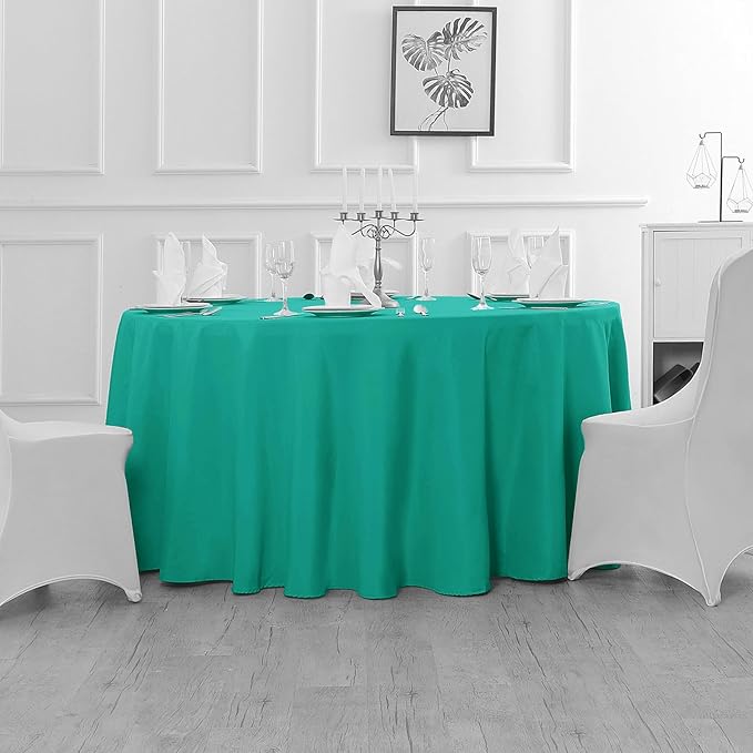 Fokitut 2 Pack Waterproof Round Tablecloth, 132 Inch, Stain Resistant and Wrinkle Polyester Table Cloth, Fabric Table Cover for Kitchen Dining, Wedding, Party, Holiday Dinner-Turquoise