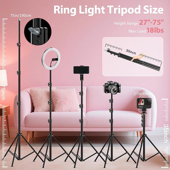 Ring Light with Stand 22inch Kit: Professional Ring Light Overhead Tripod for iPhone ipad, LCD Display/2 USB Ports for Makeup Barber Tattoo Lash Extension Video Photography Lighting (Pink)