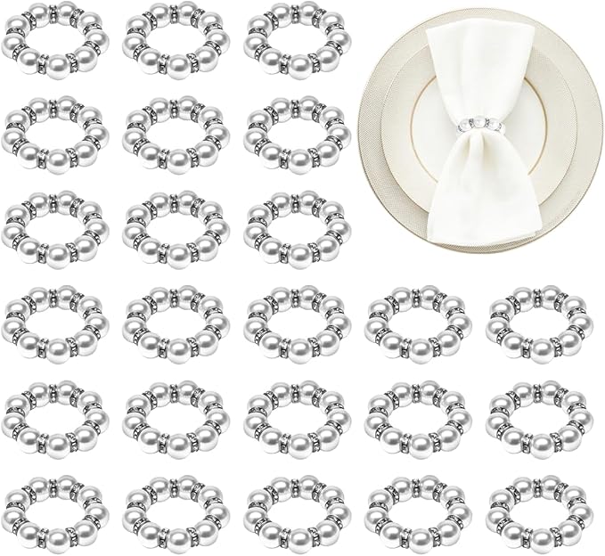 50Pcs Pearl Napkin Rings, Imitation Pearl Napkin Rings Holder, Disposable Beaded Serviette Napkin Buckles for Wedding Reception Party Banquet Dinner Table Decor (Pearl Silver, 50 Pcs)