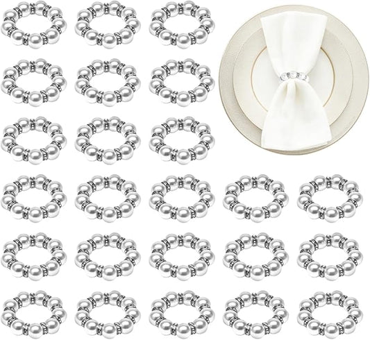 50Pcs Pearl Napkin Rings, Imitation Pearl Napkin Rings Holder, Disposable Beaded Serviette Napkin Buckles for Wedding Reception Party Banquet Dinner Table Decor (Pearl Silver, 50 Pcs)