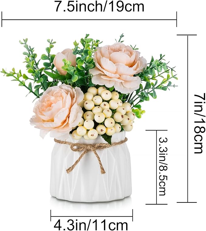BLOSMON Table Decor Artificial Flowers Vase 7 Inch Small Fake Champagne Flower Arrangement 2pcs Floral Arrangement for Tables centerpieces Kitchen Dining Room Decorations Flower in Vase Silk Roses