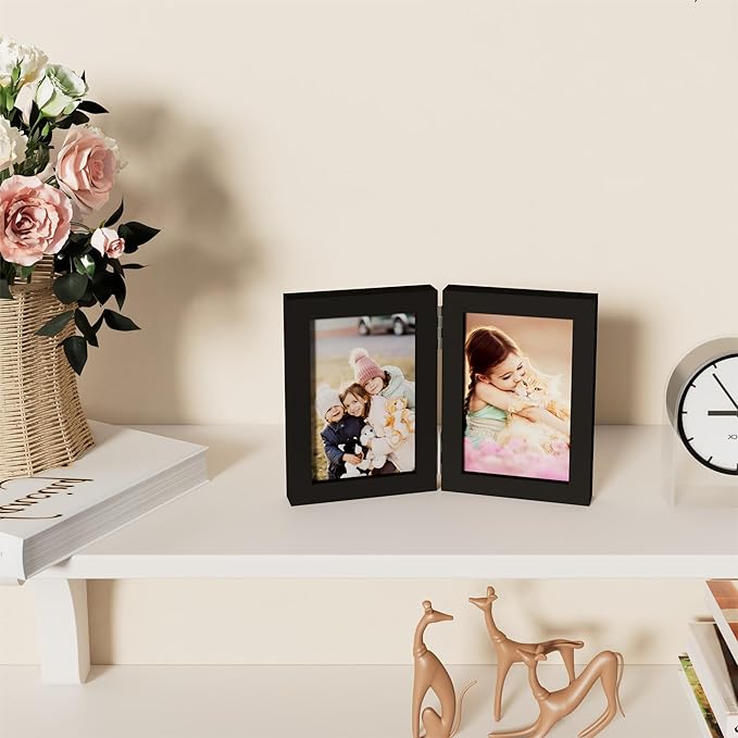 decorUhome Double 4x6 Picture Frame Vertical, Engineered Wood Bifold Photo Frame with Plexiglass for Tabletop Display, 4x6, Black