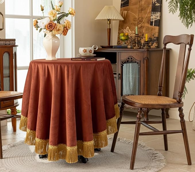 F-CHU Burnt Orange Tablecloth Thickset Velvet Tablecloth with Beautiful Gold Vintage Tassels Table Cloth for Home Decor Wedding, Party, Banquet and Events 70" Round