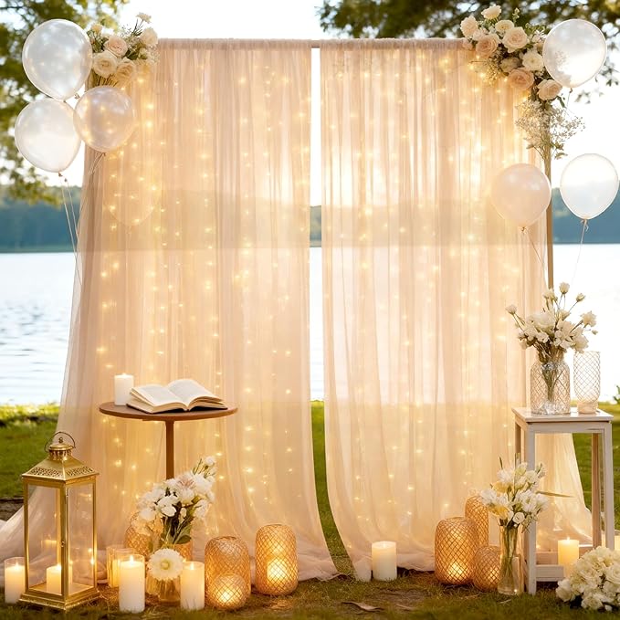 10×10ft Tulle Backdrop Curtains with Lights String - 300LED Fairy Lights Sheer Curtain Backdrop for Weddings Baby Shower and Birthday Party Decorations(4 Panels 5×10ft)