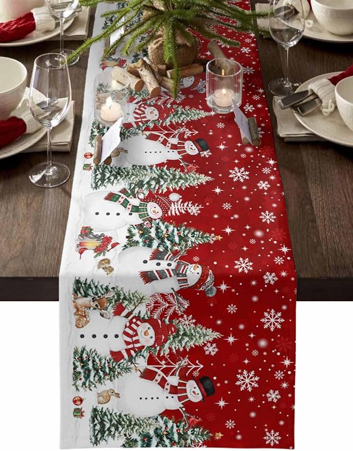 Christmas Snowman Cotton Linen Table Runner for Dining Kitchen, Xmas Tree White Snowflakes Winter Wedding Outdoor Party Tablerunners Decoration, Dresser Scarf Coffee Tablecloth Runners 13x48 Inches