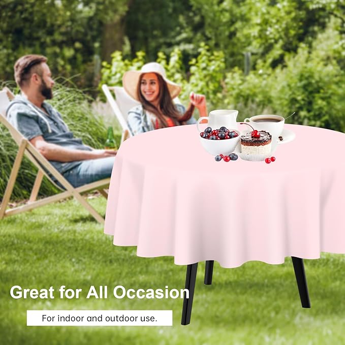 QIKSION Pink Round Tablecloth 3 Pack, 84 Inch Plastic Table Cloth Disposable for Parties