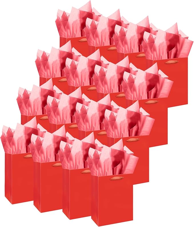 Gcardist Red Gift Bags with Tissue Paper for Wedding, Birthday, Party Supplies-7.9"x4.3"x9.6" Medium Size Cardboard Gift Bags（16pcs Bags +32pcs Tissue Paper ）