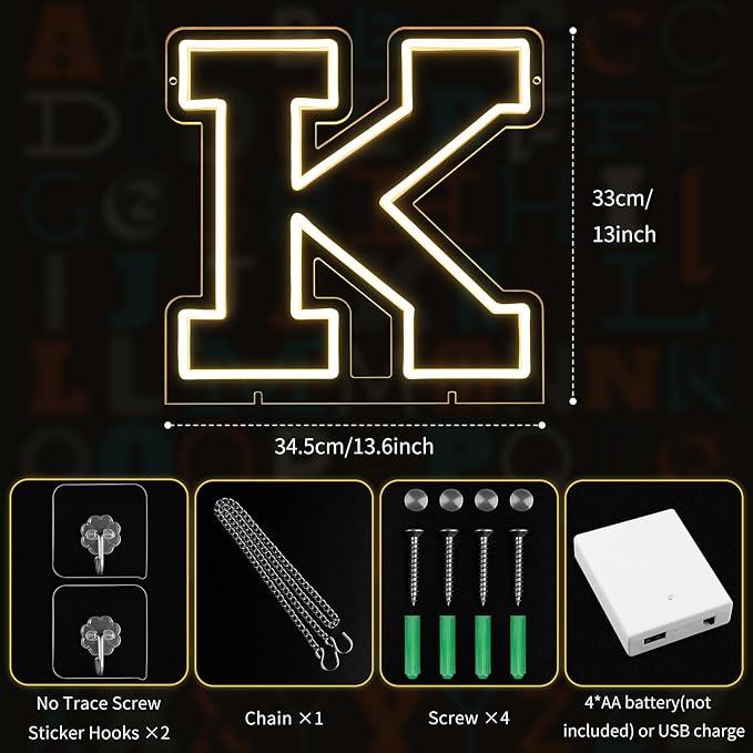 Light Up Letters K, Led Marquee Letter Lights Neon Sign, 13" Height Decorative Lighted Alphabet Number, Battery/USB Powered Led Letters Lights for Wedding, Birthday, Party, Christmas or Home Decor