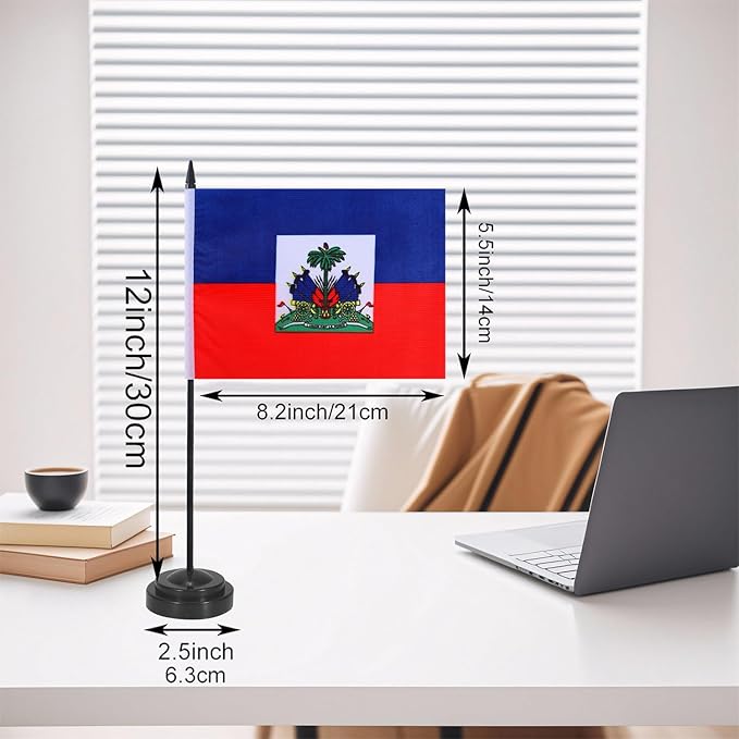 Haiti Desk Flag 12" Solid Pole Deluxe Set Haitians Flags Banner Mini Small Haiti Office Table Flags with Black Stand Base Desktop Decorations(2Pack)