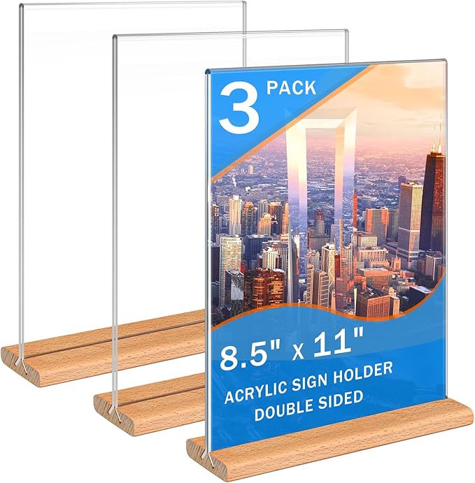 Kersally Acrylic Sign Holder 8.5 x 11, 3 Pack Double-Sided Clear Table Display Stands with Wood Base,Vertical Acrylic Frame Menu Flyer Paper Holder for Stores, Restaurants, Hotels, Office, Show Fair