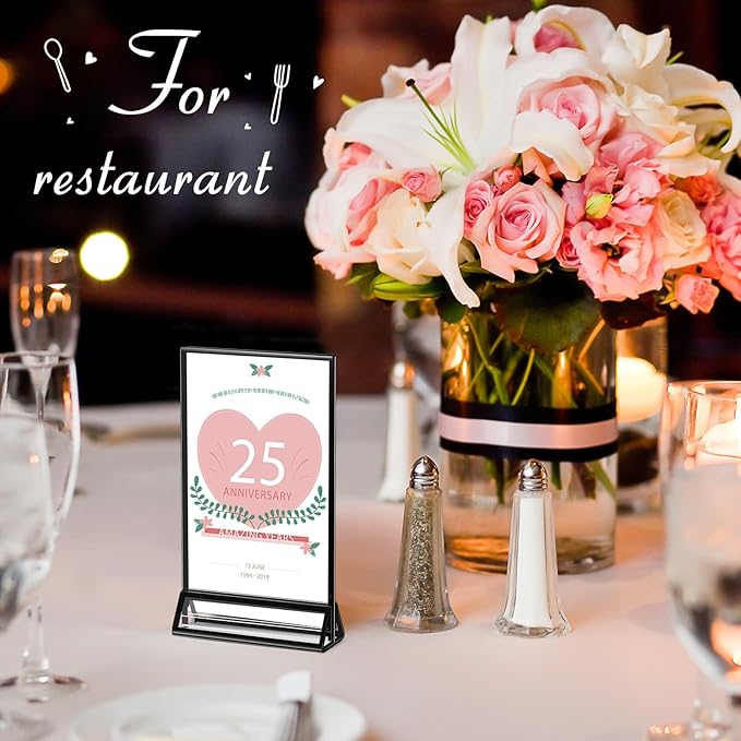 Zonon Acrylic Sign Holder 5x7, 6 Pack Vertical Double Sided Menu Display Stand with Borders, Double Sided Wedding Table Menu Holders Picture Frames for Restaurant, Christmas Party(4 x 6 Inch)