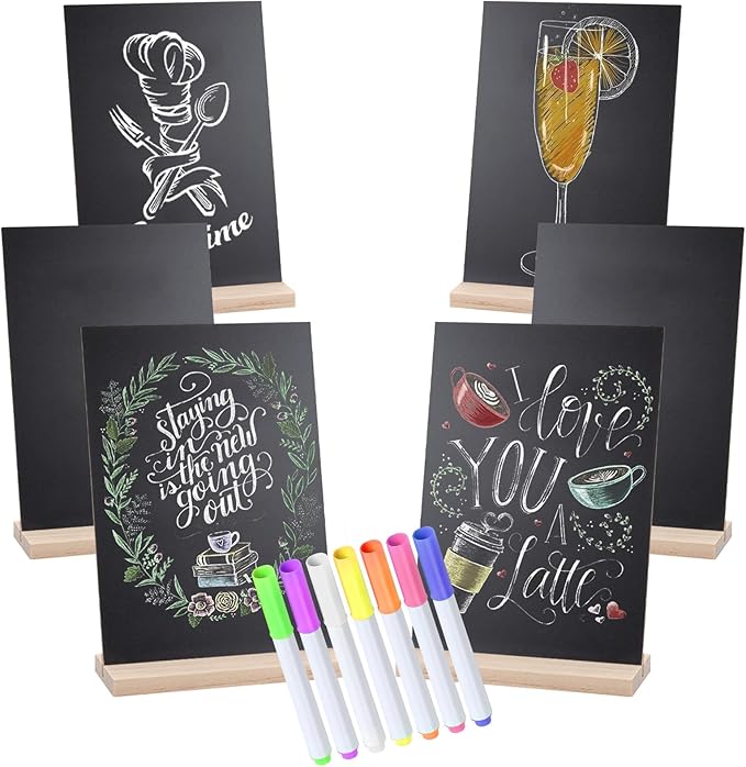 Small Chalkboard Signs, Double Side 6 x 9 Inch Wooden Tabletop Chalkboard Sign with Base Stands - Set of 6, Decorative Mini Table Signs Message Chalk Board Sign for Kitchen Wedding Bar and Restaurant