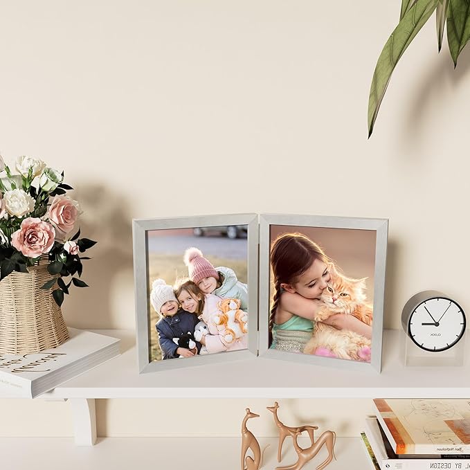 decorUhome Double 8x10 Picture Frame Vertical, Engineered Wood Bifold Photo Frame with Plexiglass for Tabletop Display, 8x10, Silver