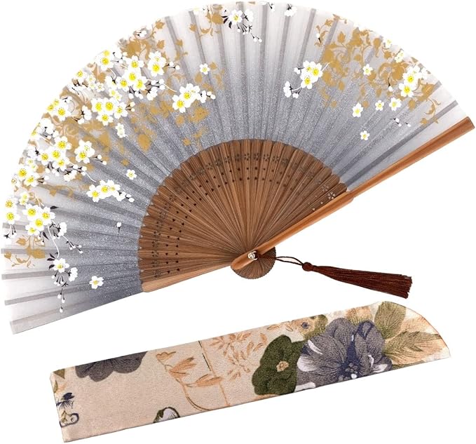 Amajiji Small Folding Hand Fan for Women, Chinese Japanese Vintage Style Bamboo Silk Fans for Party Wedding Dancing Decoration Gift Performance (AM-13)