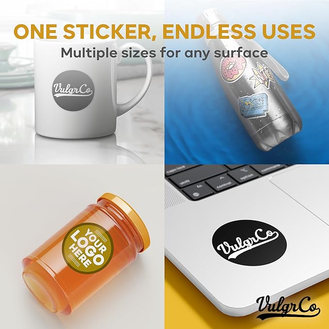 VulgrCo Custom Design Your Own Personalized Labels Stickers Decals Text Name Image Photo 120 Pack - Waterproof, Dishwasher Safe, Fade Resistant, UV Protected, Heat and Cold Resistant