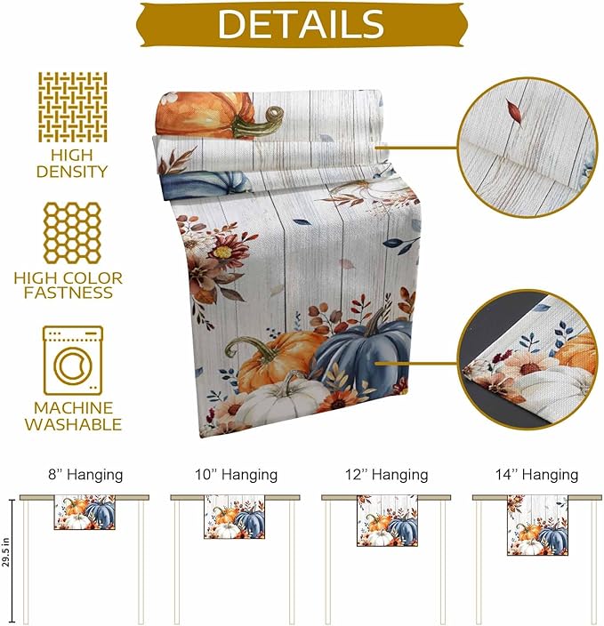 Thanksgiving Fall Cotton Linen Table Runner for Dining Kitchen, Pumpkins Eucalyptus Wedding Outdoor Party Tablerunners Decoration, Farmhouse Wooden Dresser Scarf Coffee Tablecloth Runners 13x48 Inches