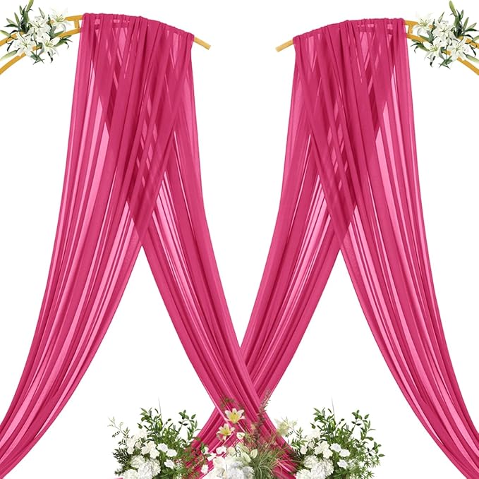 MLMC Hot Pink Wedding Arch Draping Fabric 4 Panels 29" x 20 FT Extra Long Gauze Drapes Sheer Backdrop Curtains 6.6 Yards Outdoor Drapery Panels for Wedding Ceremony Party Ceiling Decoration